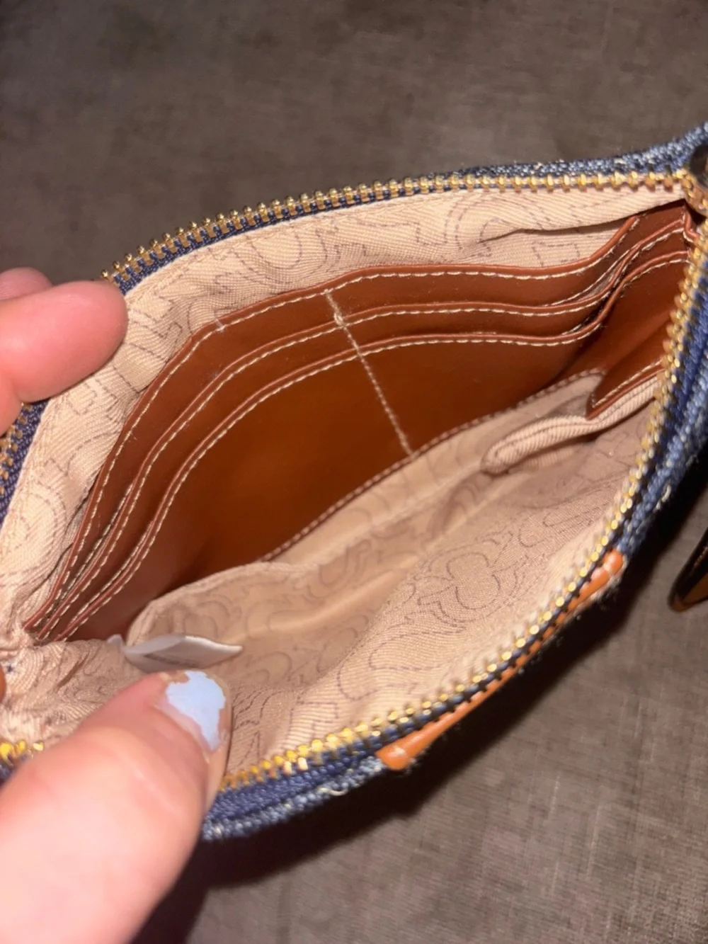 True Religion Navy Denim and Tan Leather Wristlet